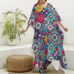 Bohemian Indian Mandala Patchwork Print Silk V-Neck Kaftan Dress
