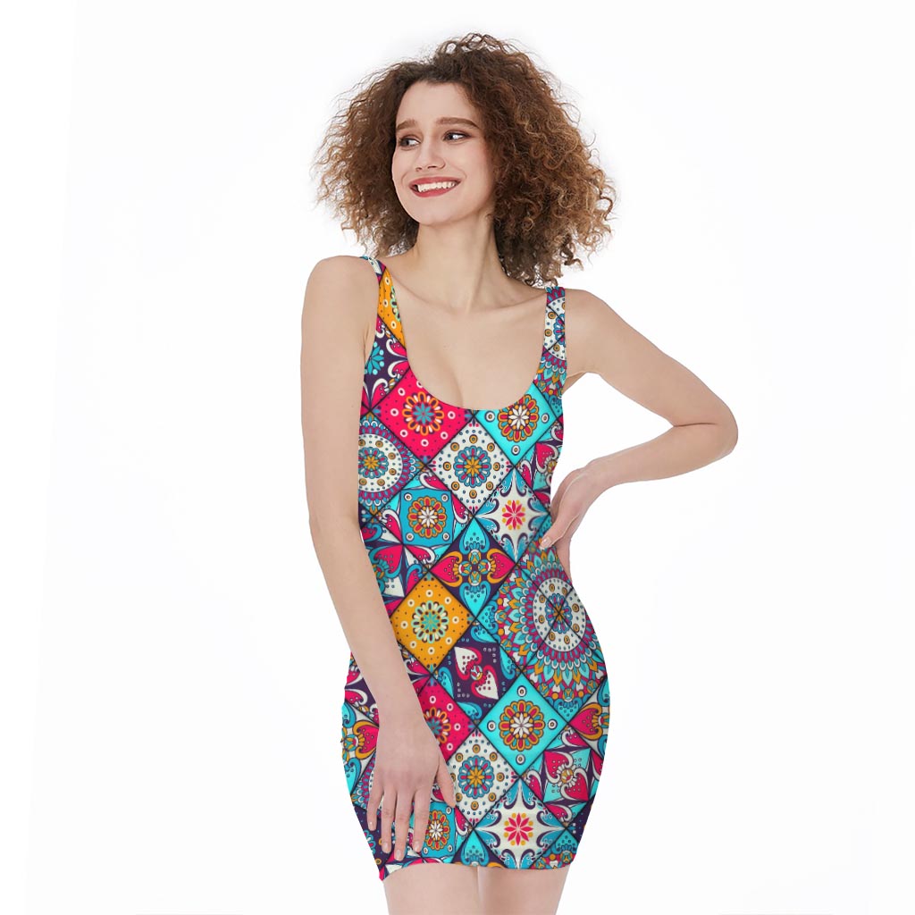 Bohemian Indian Mandala Patchwork Print Sleeveless Bodycon Dress