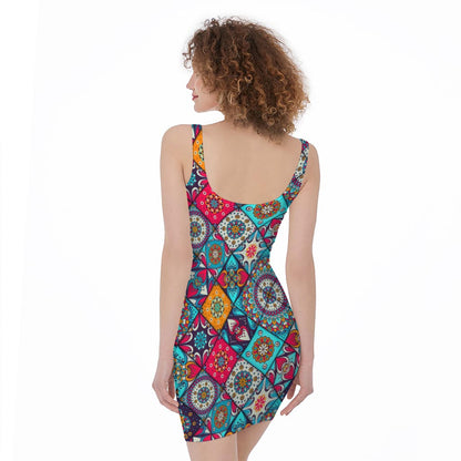Bohemian Indian Mandala Patchwork Print Sleeveless Bodycon Dress