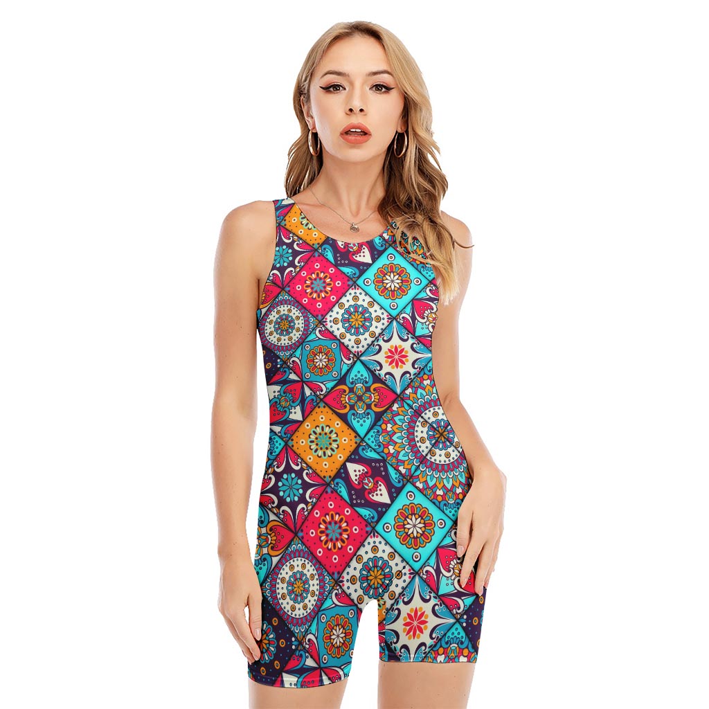 Bohemian Indian Mandala Patchwork Print Sleeveless One Piece Swimsuit