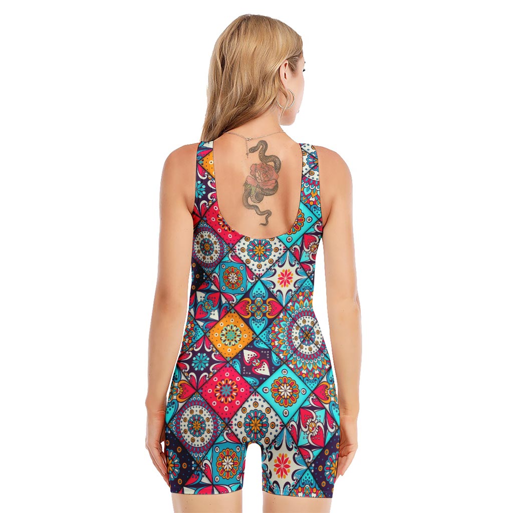 Bohemian Indian Mandala Patchwork Print Sleeveless One Piece Swimsuit