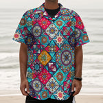 Bohemian Indian Mandala Patchwork Print Textured Short Sleeve Shirt