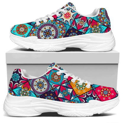 Bohemian Indian Mandala Patchwork Print White Chunky Shoes