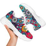 Bohemian Indian Mandala Patchwork Print White Chunky Shoes