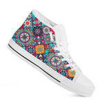 Bohemian Indian Mandala Patchwork Print White High Top Sneakers