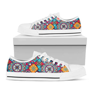 Bohemian Indian Mandala Patchwork Print White Low Top Sneakers