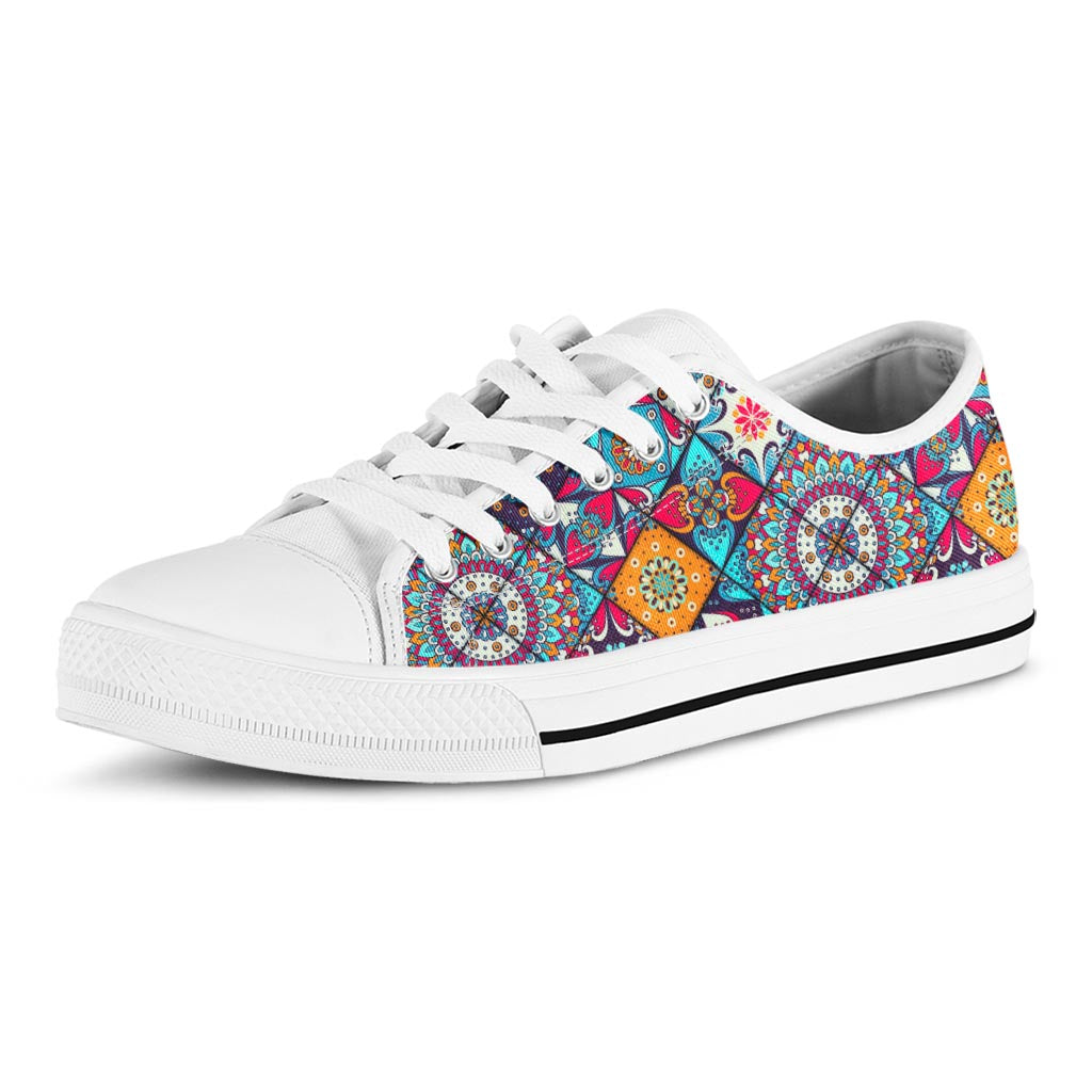 Bohemian Indian Mandala Patchwork Print White Low Top Sneakers