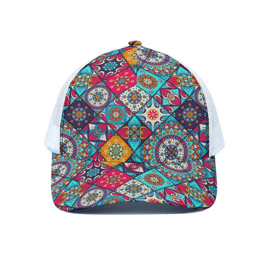 Bohemian Indian Mandala Patchwork Print White Mesh Trucker Cap