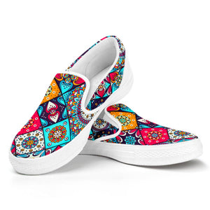 Bohemian Indian Mandala Patchwork Print White Slip On Sneakers