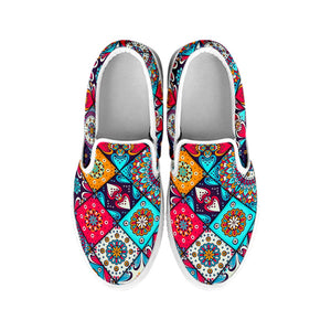 Bohemian Indian Mandala Patchwork Print White Slip On Sneakers