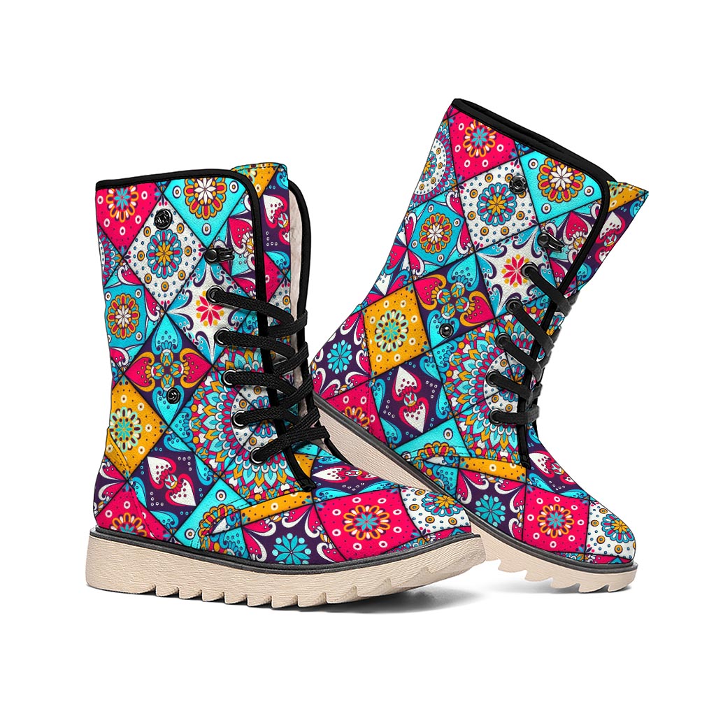 Bohemian Indian Mandala Patchwork Print Winter Boots