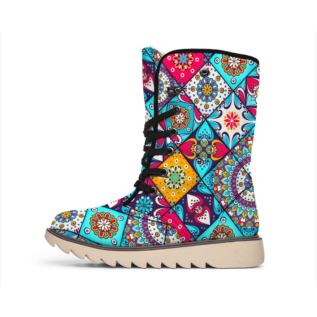 Bohemian Indian Mandala Patchwork Print Winter Boots