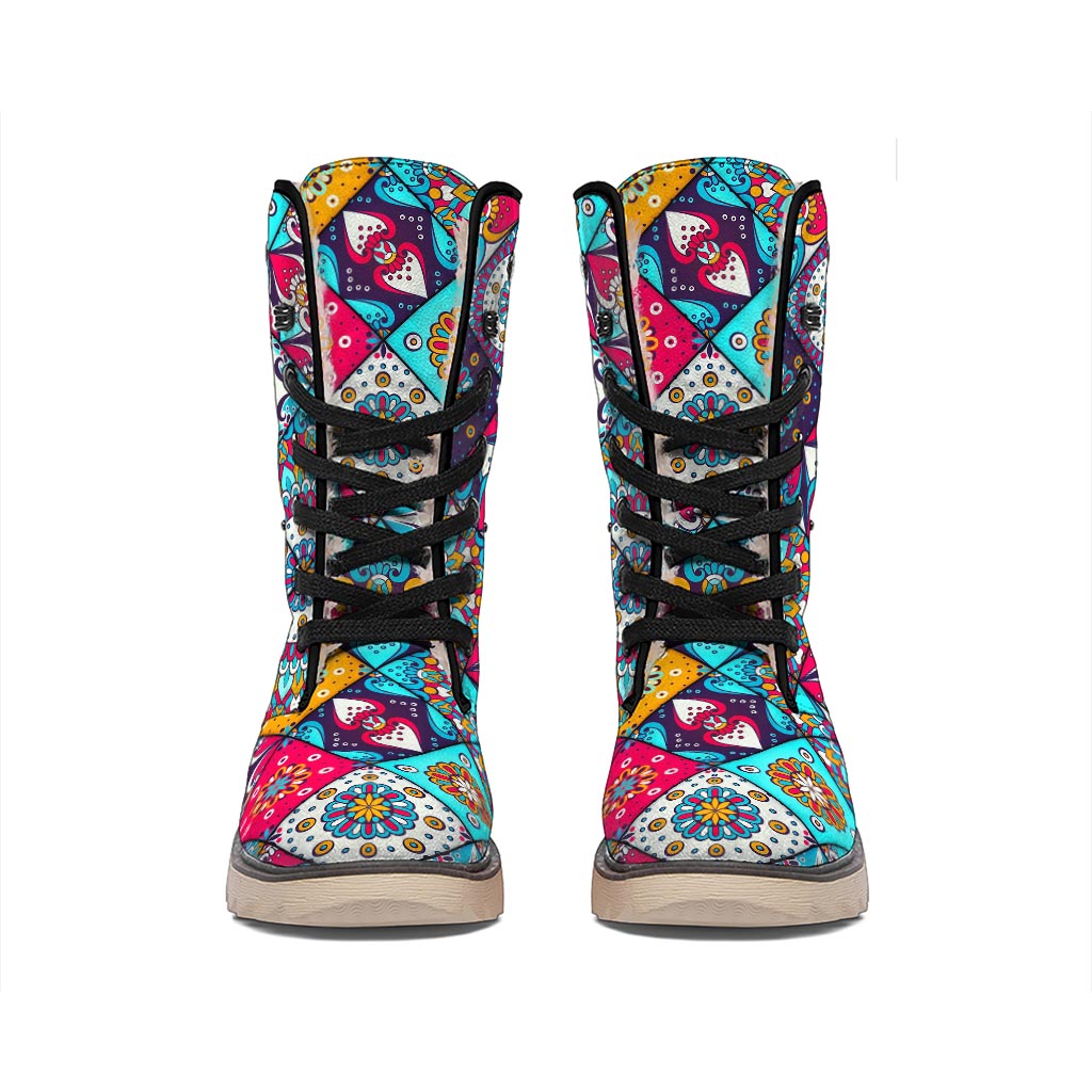 Bohemian Indian Mandala Patchwork Print Winter Boots