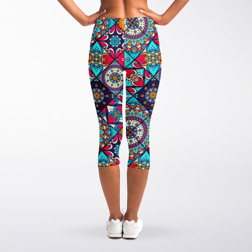 Bohemian Indian Mandala Patchwork Print Women's Capri Leggings