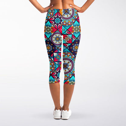 Bohemian Indian Mandala Patchwork Print Women's Capri Leggings
