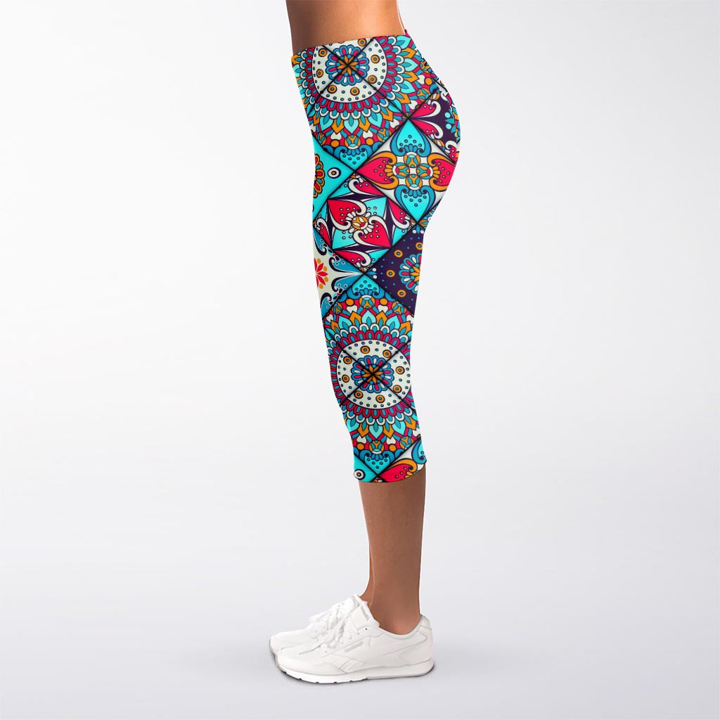 Bohemian Indian Mandala Patchwork Print Women's Capri Leggings
