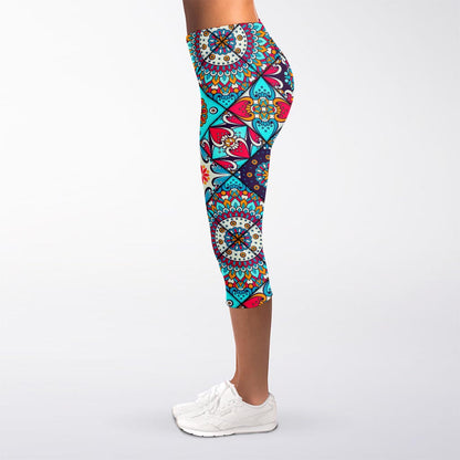 Bohemian Indian Mandala Patchwork Print Women's Capri Leggings