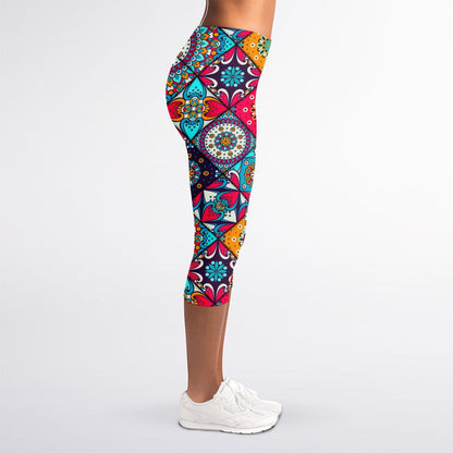 Bohemian Indian Mandala Patchwork Print Women's Capri Leggings