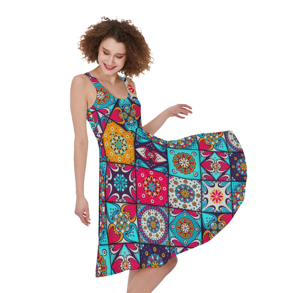 Bohemian Indian Mandala Patchwork Print Women's Sleeveless Dress