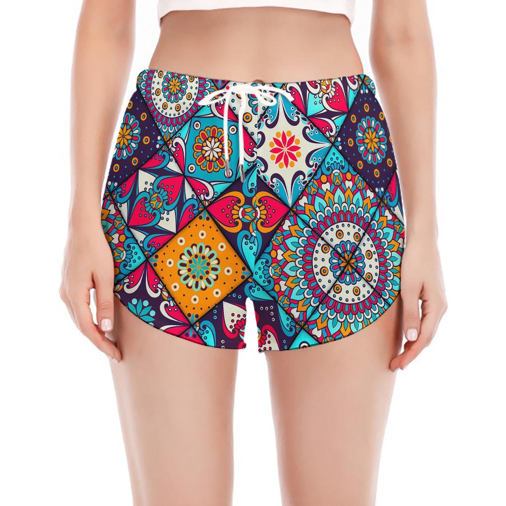Bohemian Indian Mandala Patchwork Print Women's Split Running Shorts