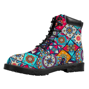 Bohemian Indian Mandala Patchwork Print Work Boots