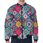Bohemian Indian Mandala Patchwork Print Zip Sleeve Bomber Jacket