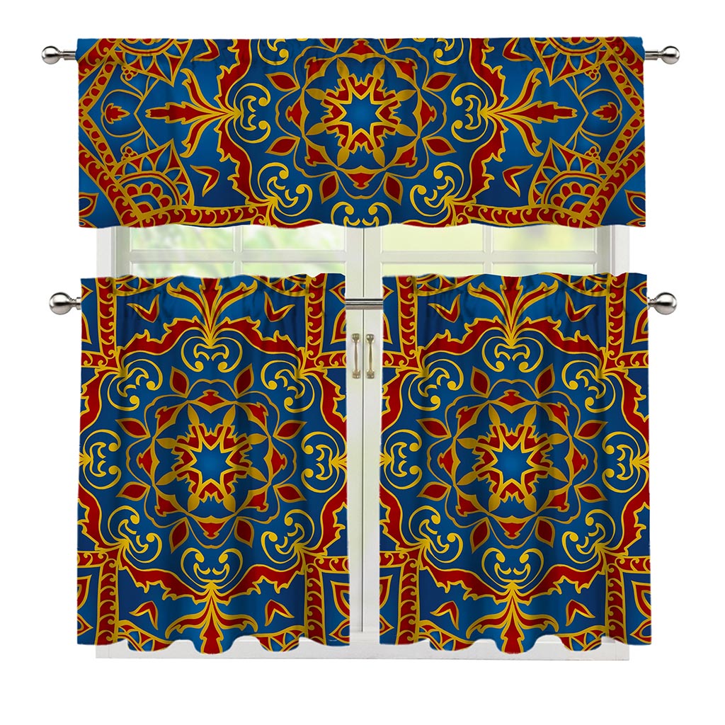 Bohemian Indian Mandala Pattern Print 3 Piece Kitchen Curtains