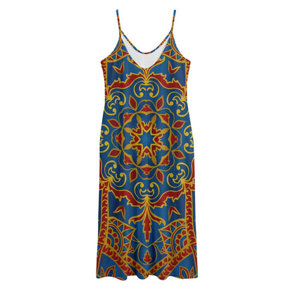 Bohemian Indian Mandala Pattern Print Jersey Midi Cami Dress