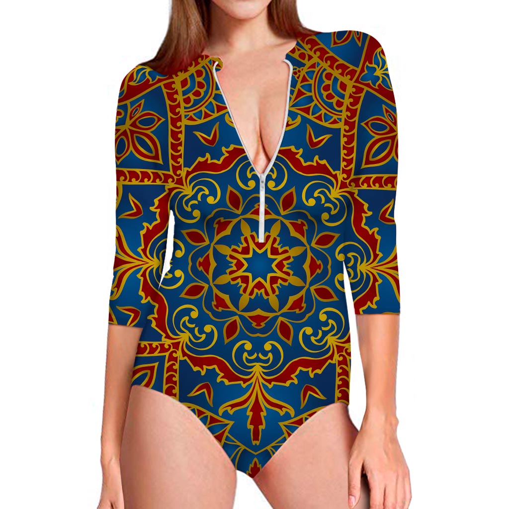 Bohemian Indian Mandala Pattern Print Long Sleeve Swimsuit