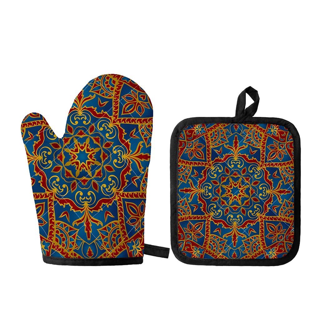 Bohemian Indian Mandala Pattern Print Oven Mitt And Pot Holder Set