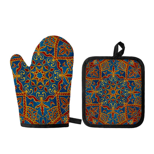 Bohemian Indian Mandala Pattern Print Oven Mitt And Pot Holder Set