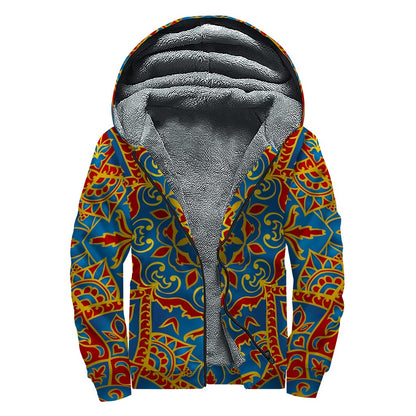 Bohemian Indian Mandala Pattern Print Sherpa Lined Zip Up Hoodie