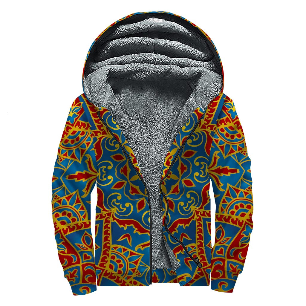 Bohemian Indian Mandala Pattern Print Sherpa Lined Zip Up Hoodie