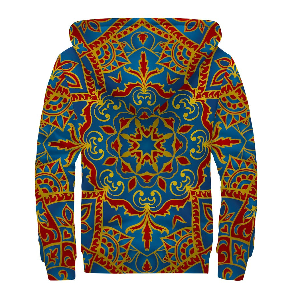 Bohemian Indian Mandala Pattern Print Sherpa Lined Zip Up Hoodie