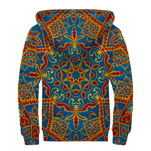 Bohemian Indian Mandala Pattern Print Sherpa Lined Zip Up Hoodie