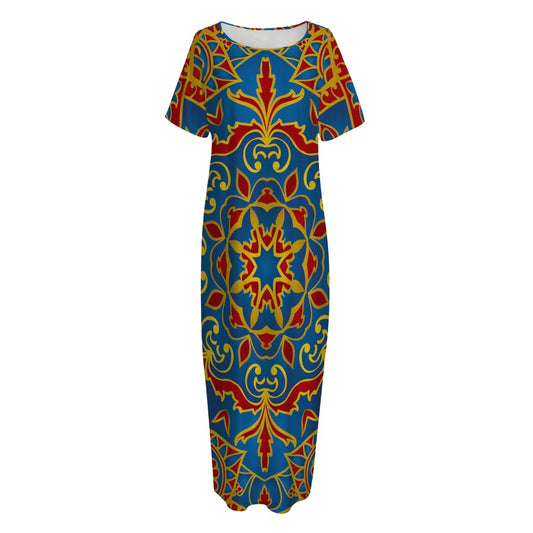 Bohemian Indian Mandala Pattern Print Short Sleeve Long Nightdress