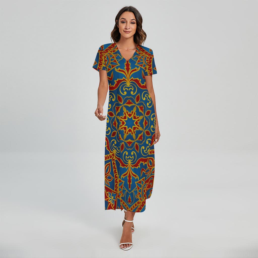 Bohemian Indian Mandala Pattern Print Short Sleeve Maxi Dress