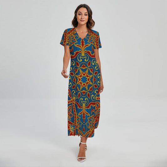 Bohemian Indian Mandala Pattern Print Short Sleeve Maxi Dress