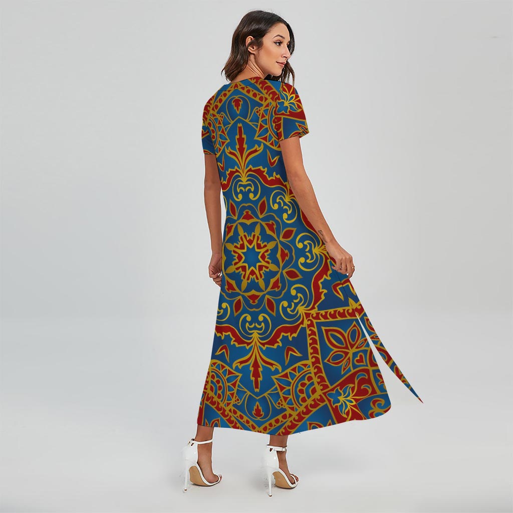 Bohemian Indian Mandala Pattern Print Short Sleeve Maxi Dress