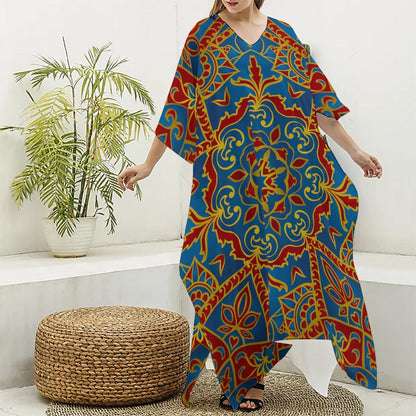 Bohemian Indian Mandala Pattern Print Silk V-Neck Kaftan Dress