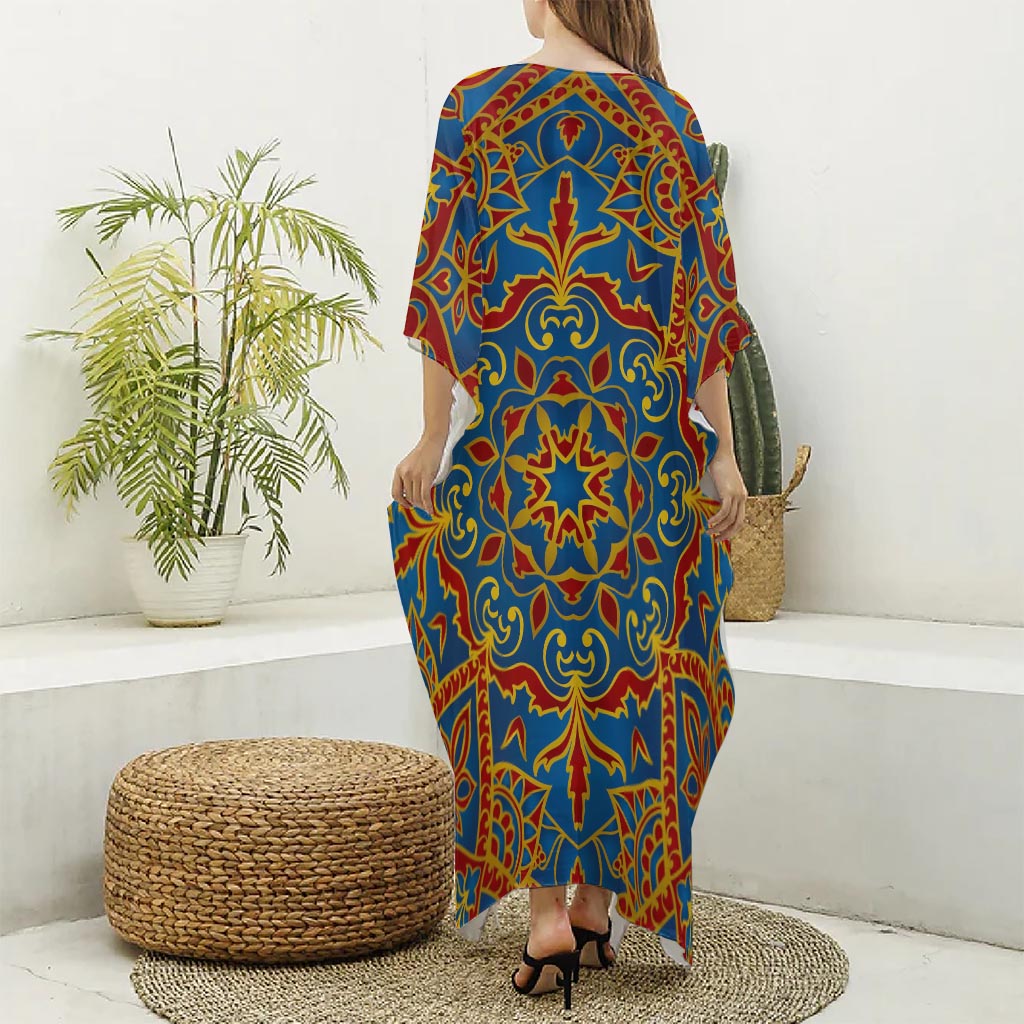 Bohemian Indian Mandala Pattern Print Silk V-Neck Kaftan Dress