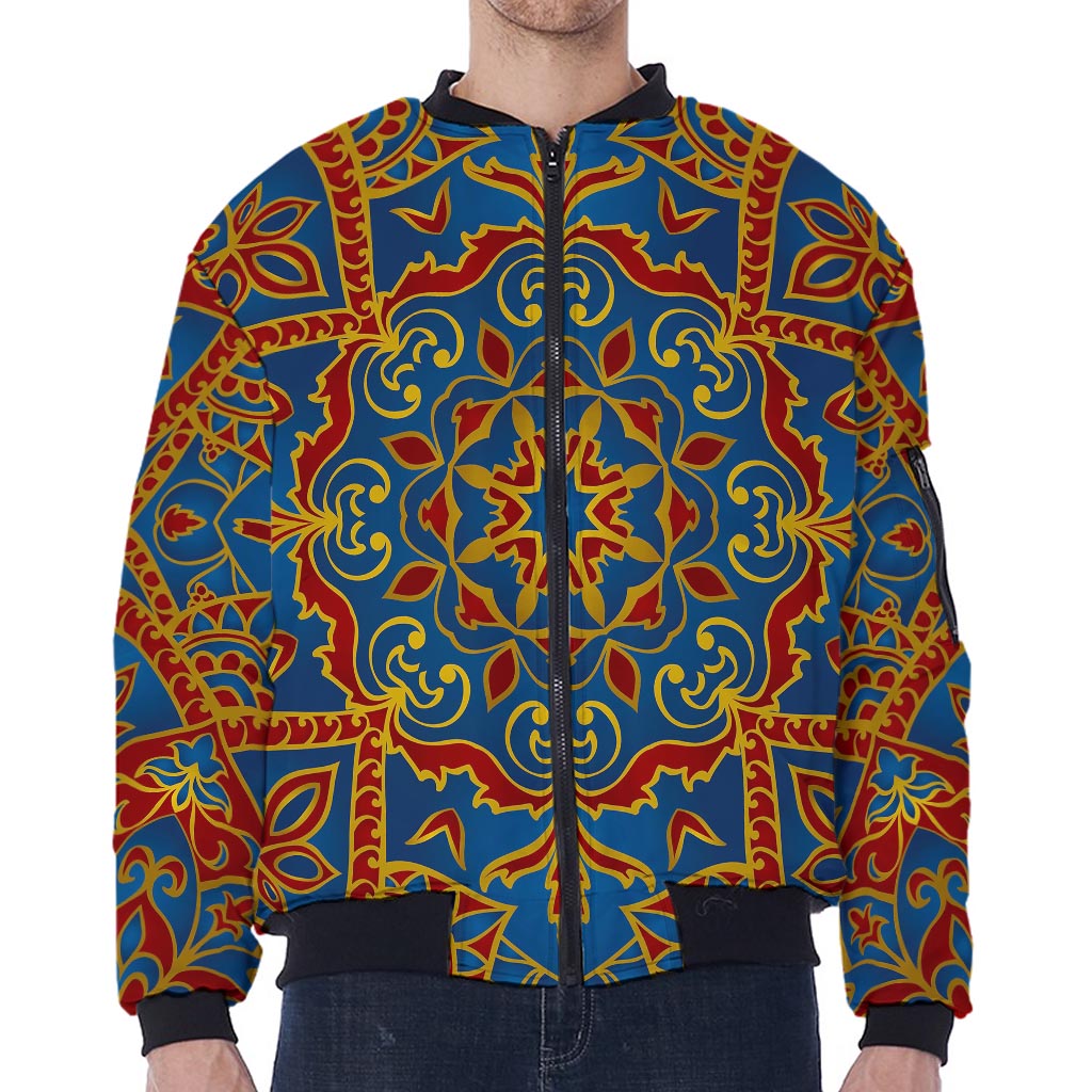 Bohemian Indian Mandala Pattern Print Zip Sleeve Bomber Jacket