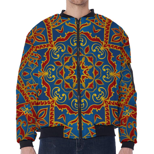 Bohemian Indian Mandala Pattern Print Zip Sleeve Bomber Jacket
