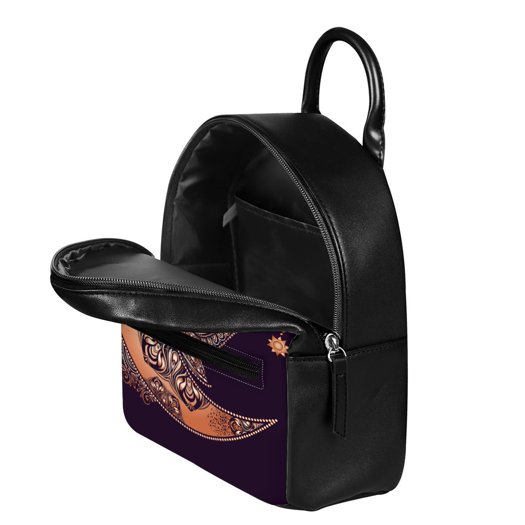 Bohemian Moon And Sun Print Leather Backpack