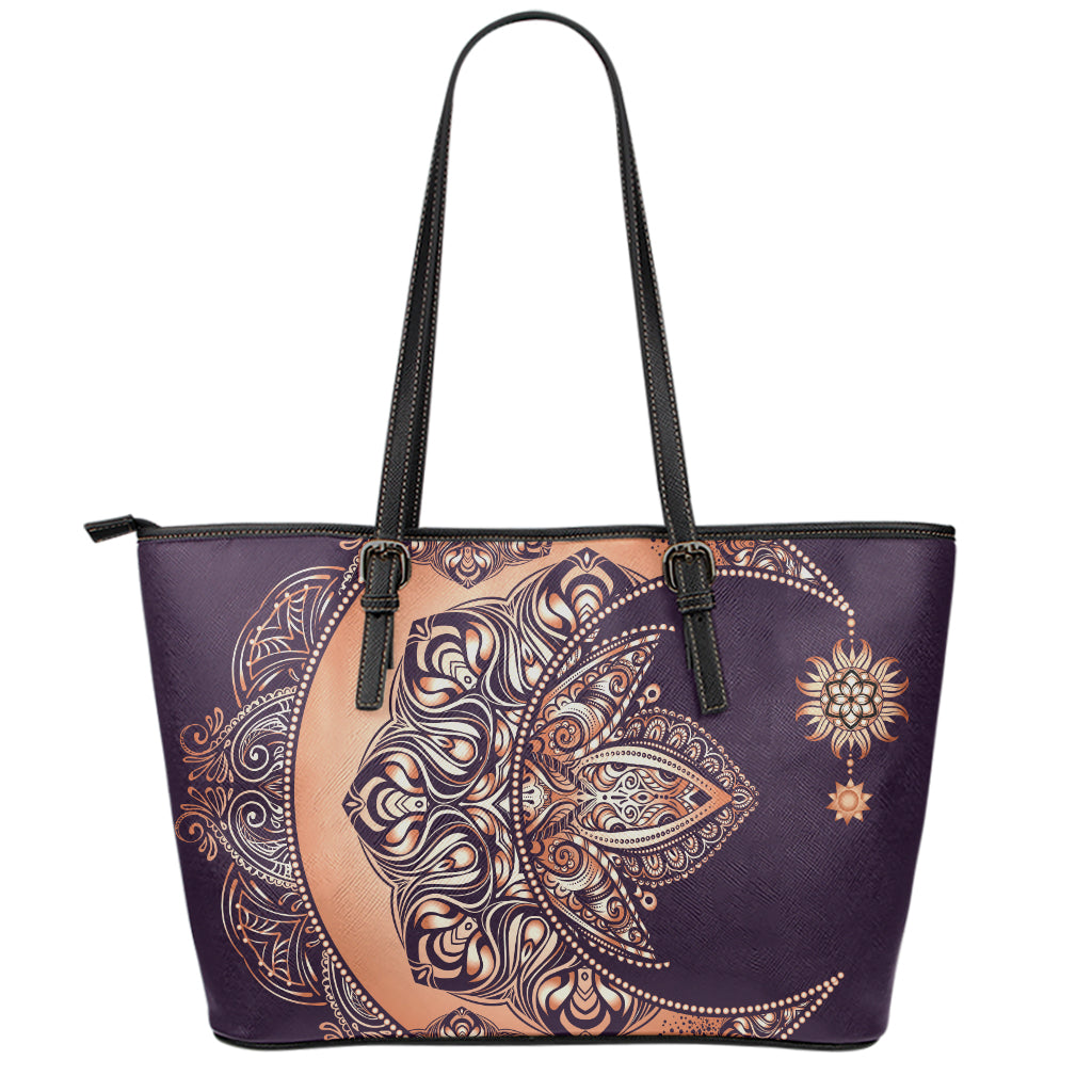 Bohemian Moon And Sun Print Leather Tote Bag