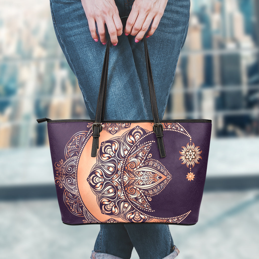 Bohemian Moon And Sun Print Leather Tote Bag