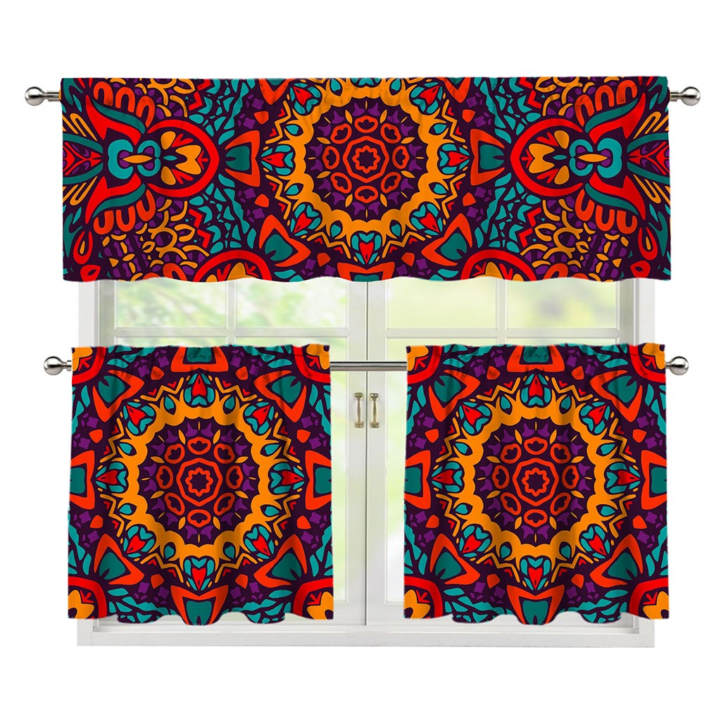 Bohemian Native Mandala Pattern Print 3 Piece Kitchen Curtains