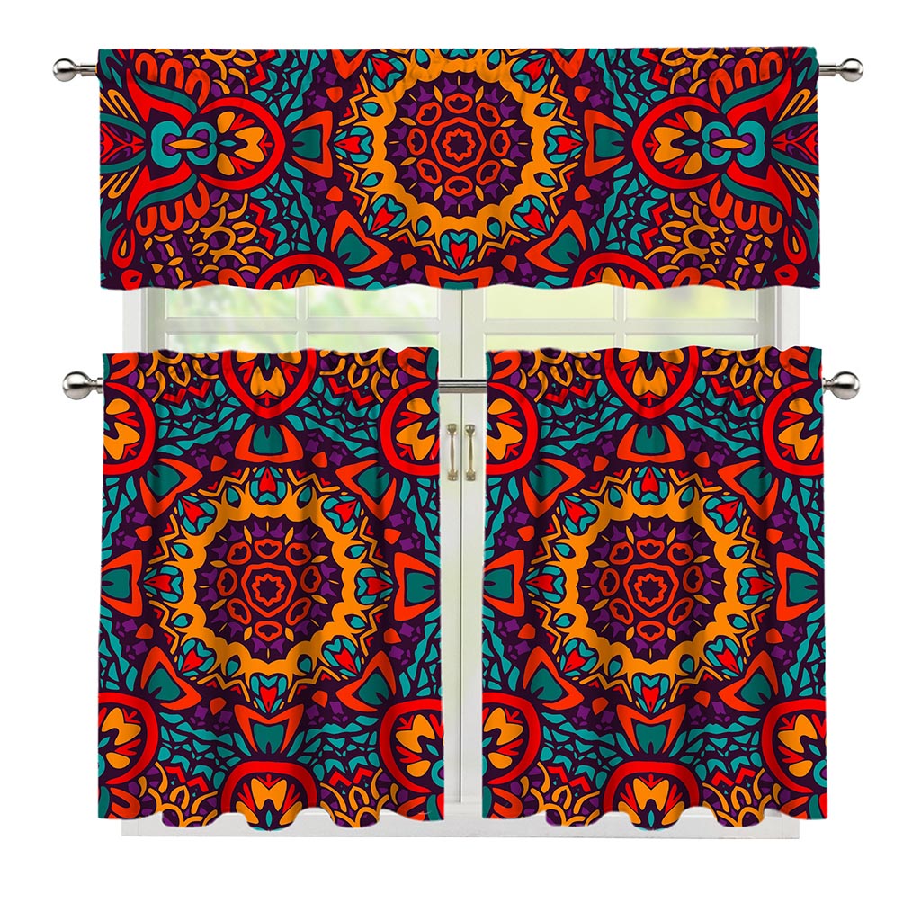 Bohemian Native Mandala Pattern Print 3 Piece Kitchen Curtains
