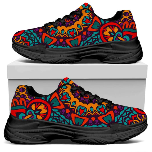 Bohemian Native Mandala Pattern Print Black Chunky Shoes