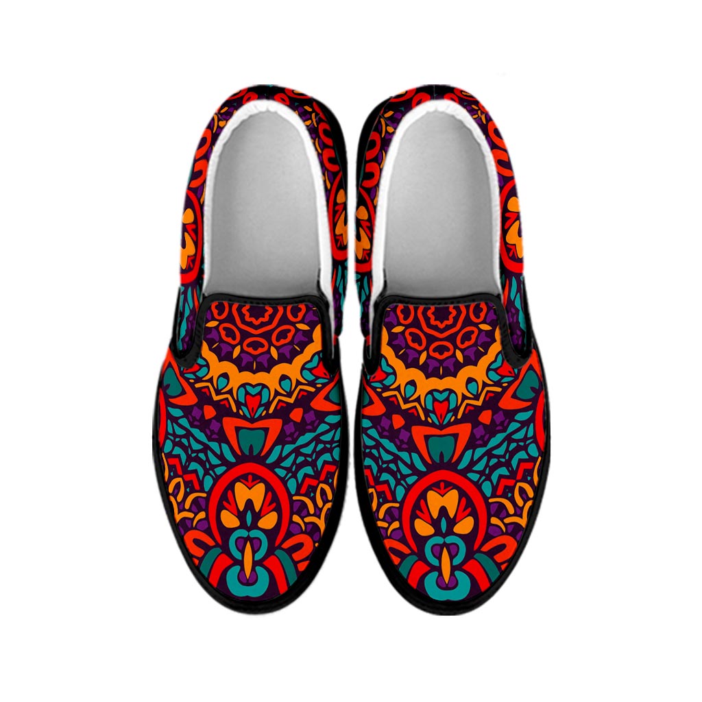 Bohemian Native Mandala Pattern Print Black Slip On Sneakers